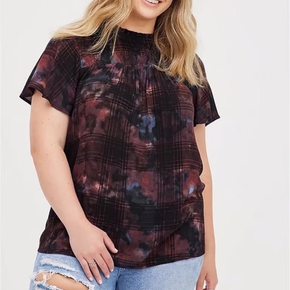 Torrid Tie Dye Plaid Crinkle Gauze Flutter Sleeve Babydoll Swing Tunic Top 1X
